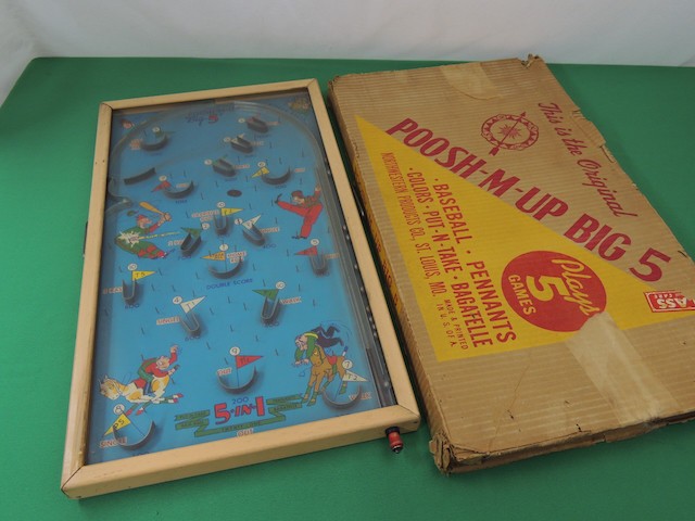 Vintage 1930-40’s Sports Pinball Tabletop Game POOSH-M-UP BIG 5 w/ Original Box