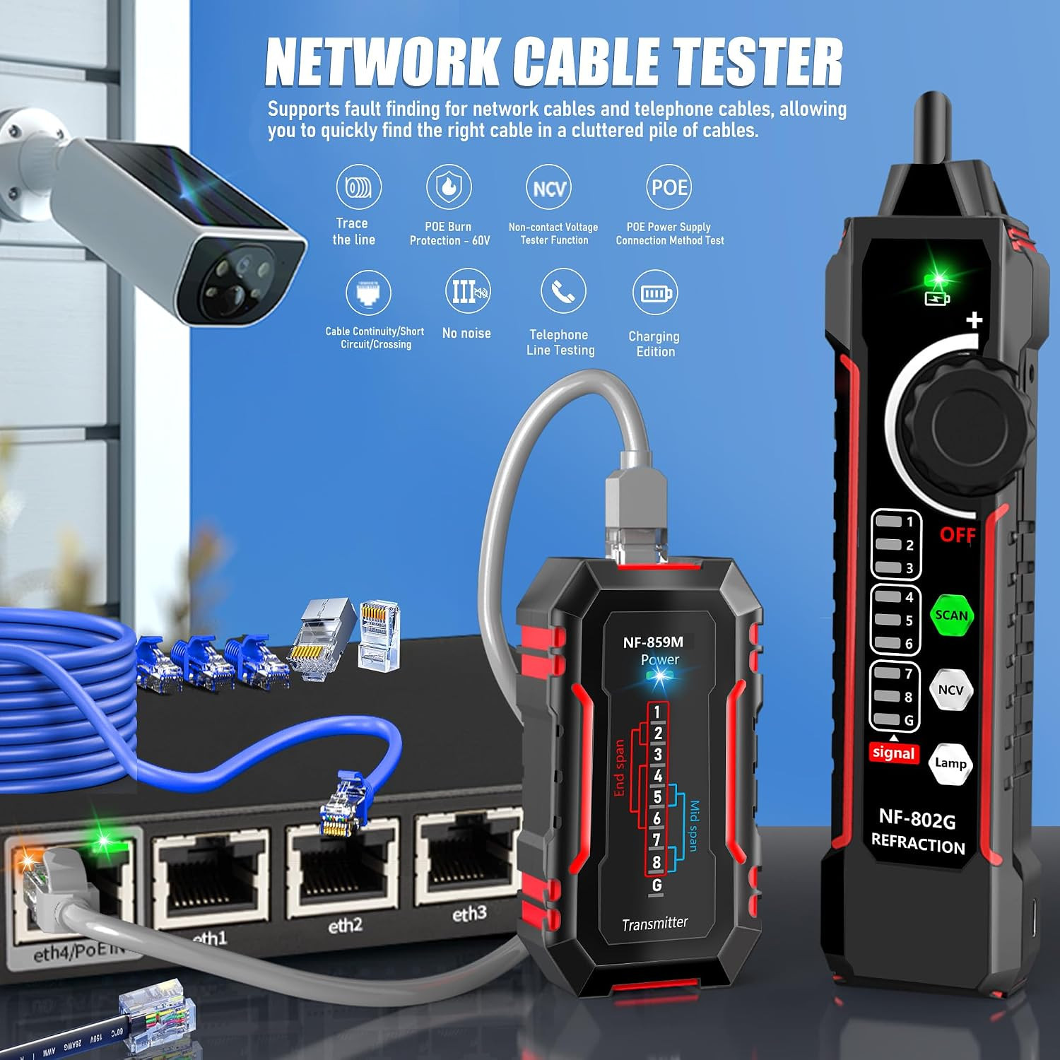 NF-802MG Network Cable Tester Ethernet Cable Tester with NCV and SCAN for PoE/Ca