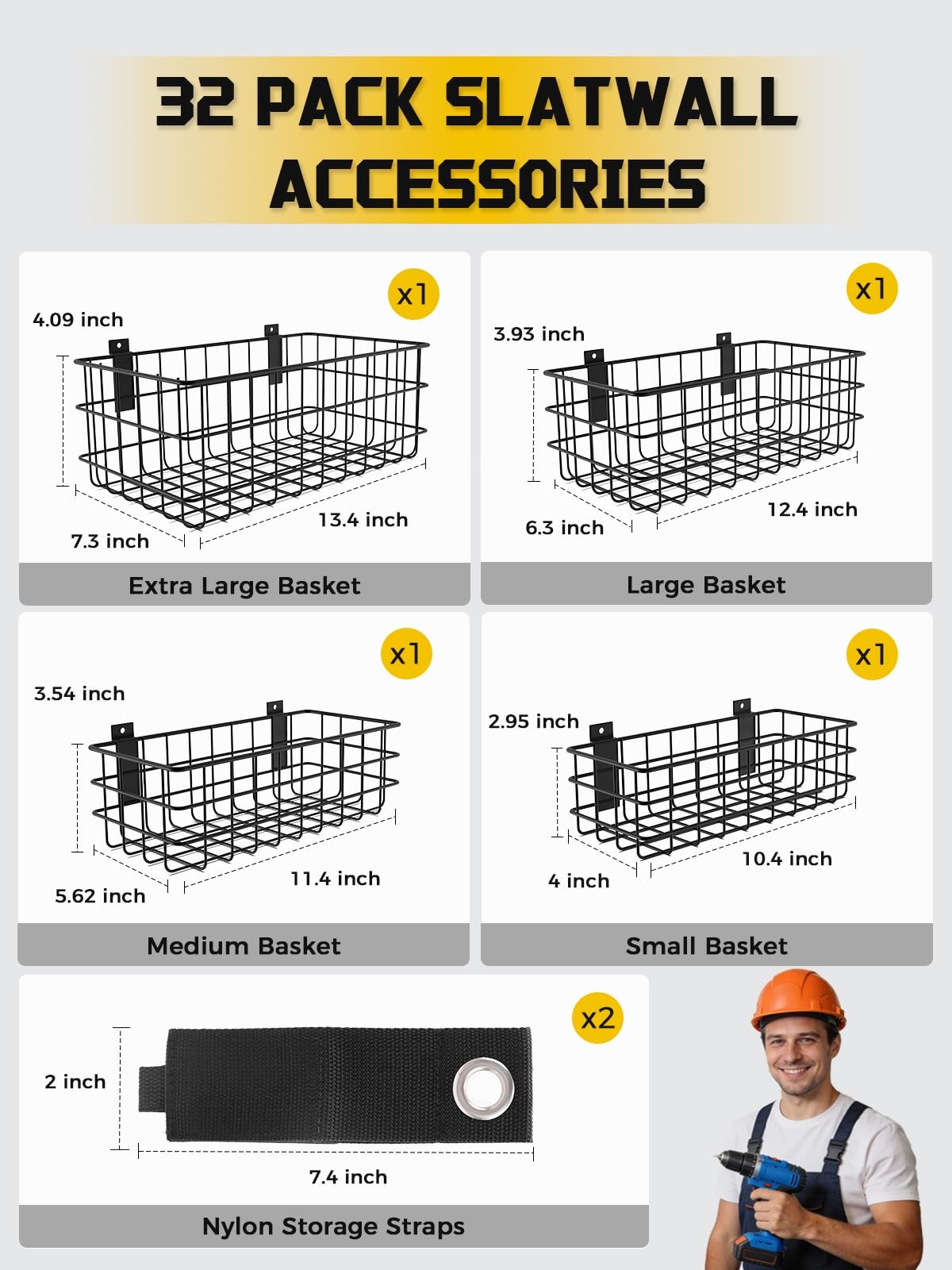 32Pcs Slatwall Set with 4 Slatwall Baskets & 26 Multi-Sized Slatwall Hooks an...