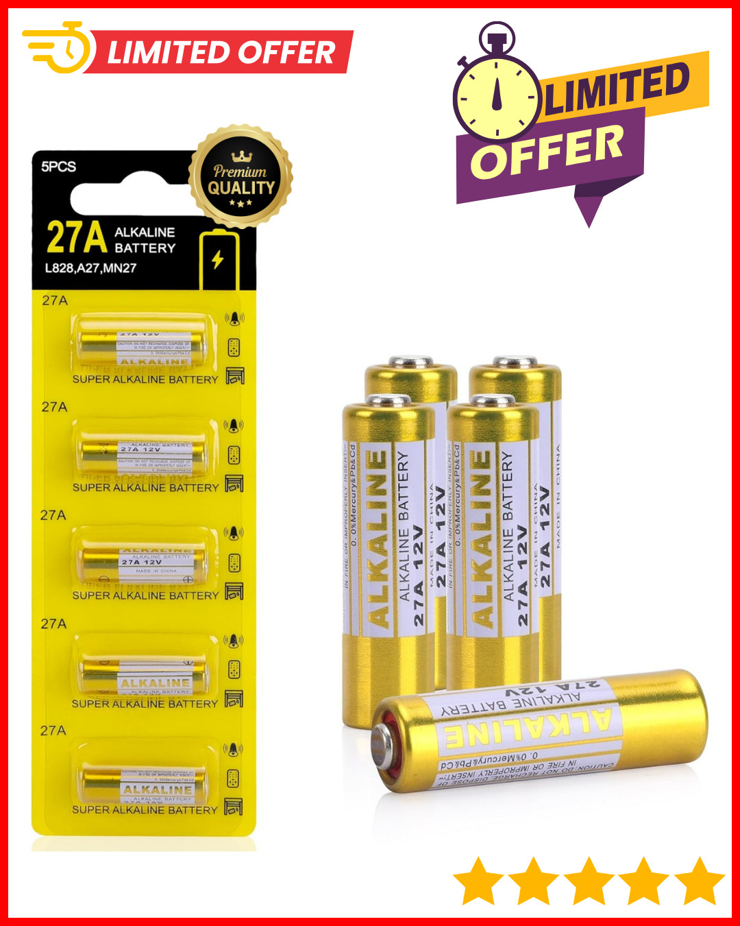 12V 27A A27 Alkaline Battery, V27A LR27A MN27 L828 12V Battery (5-Pack) NEW USA!