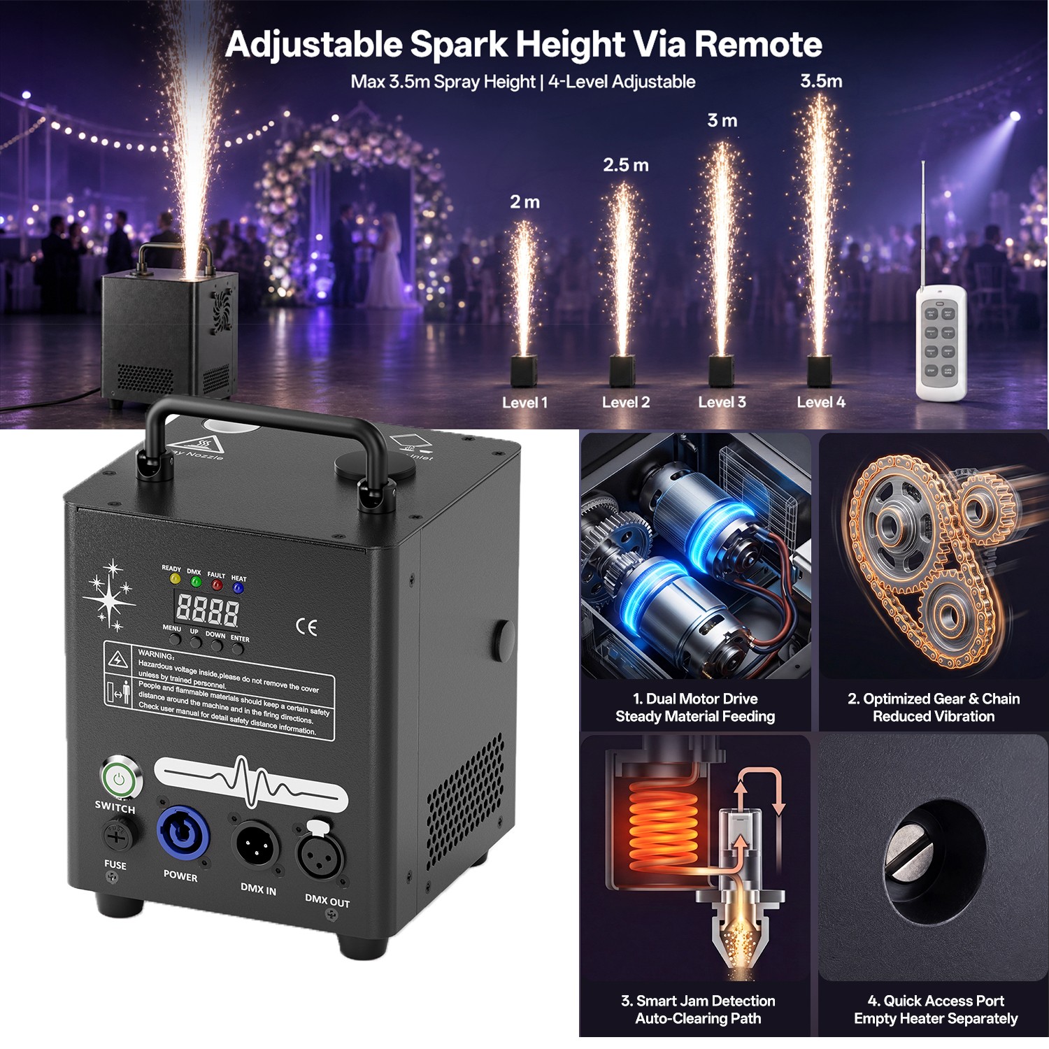 Cold Spark Machine 800W Dual-Motor DMX Stage Effect ≤75dB Wedding DJ Party