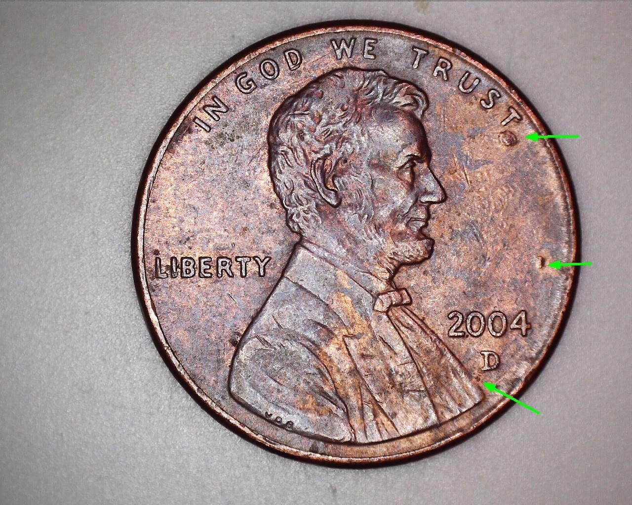 2004 Denver Penny Error ~ 3 Die Chips on Obverse