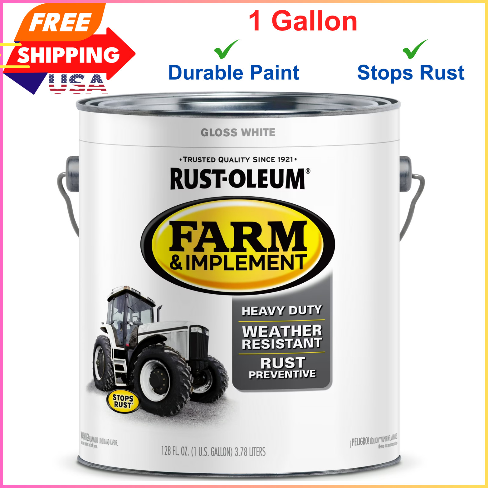 White, Rust-Oleum Gloss Farm and Implement Paint- Gallon - Stops Rust, Durable
