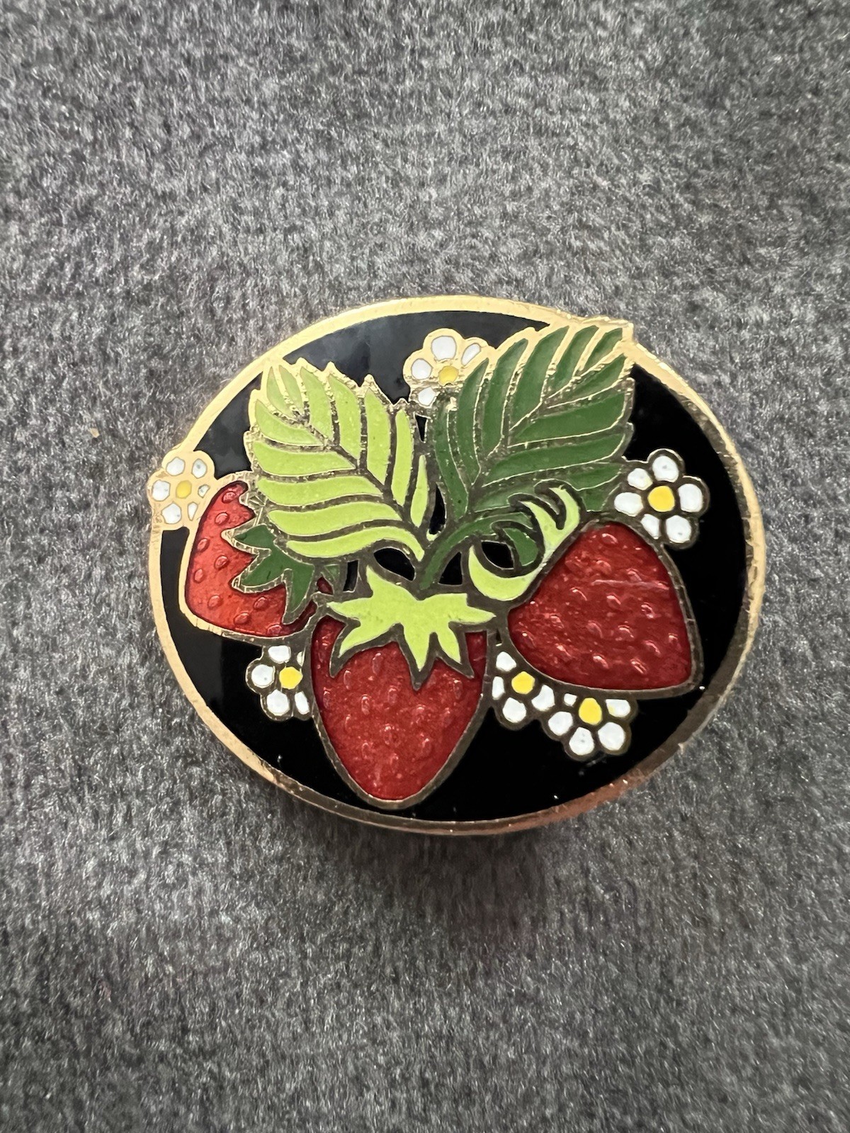 Vintage Hallmark Enamel Strawberry Brooch Gold Tone Floral Lapel Pin
