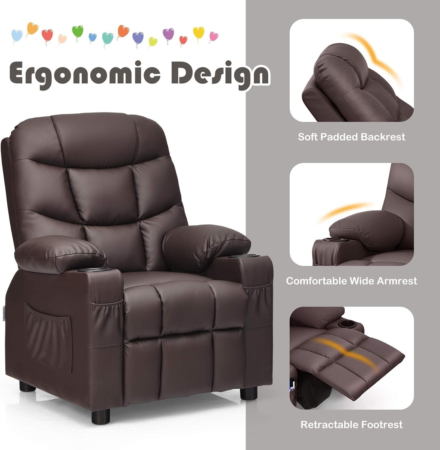 Kids Recliner Chair with Cup Holder, Adjustable Leather Lounge Chair w/Footre...