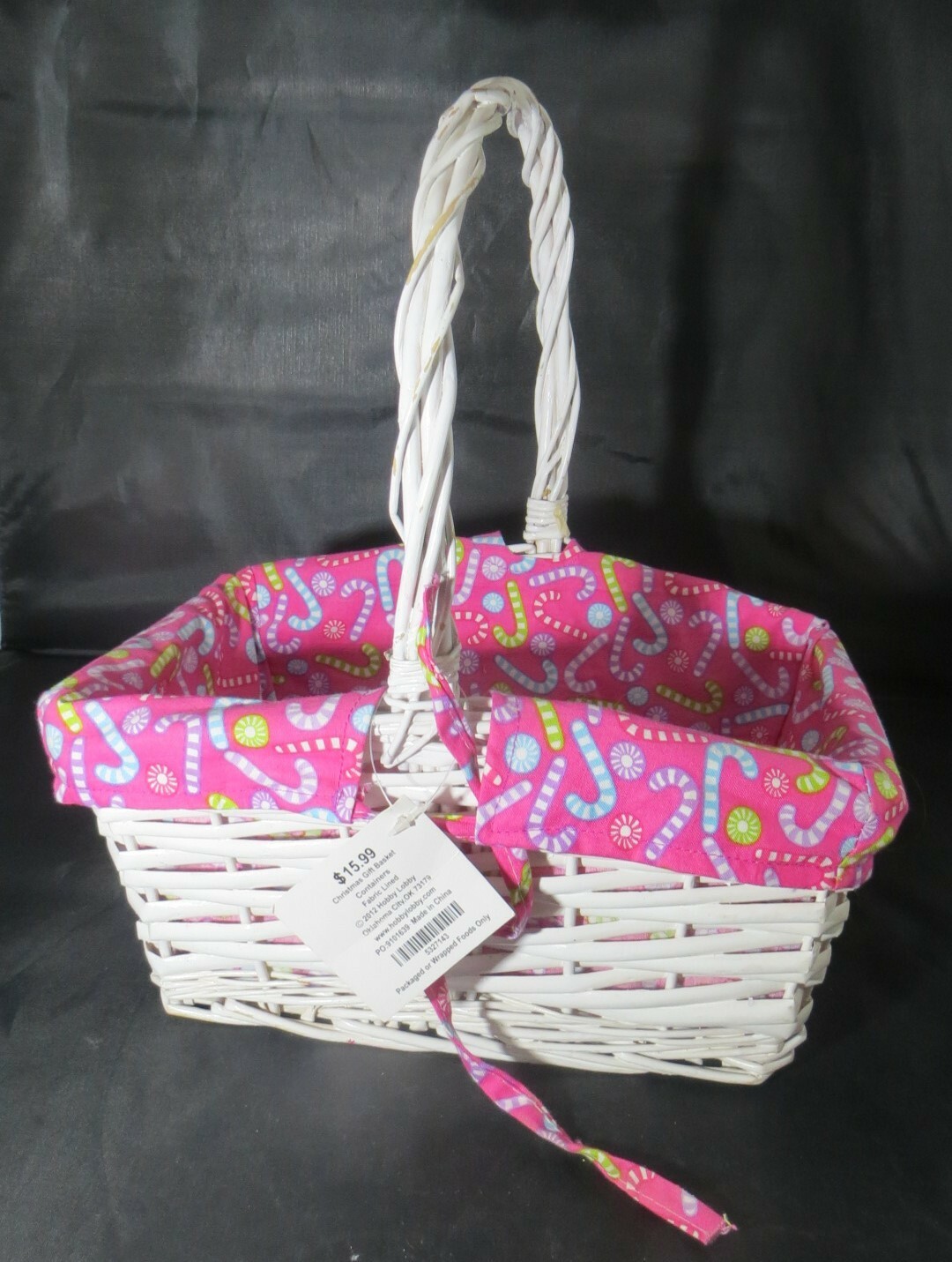 Large Christmas Gift Basket Candy Cane Theme Fabric Lined 12" x 8" x 13" empty