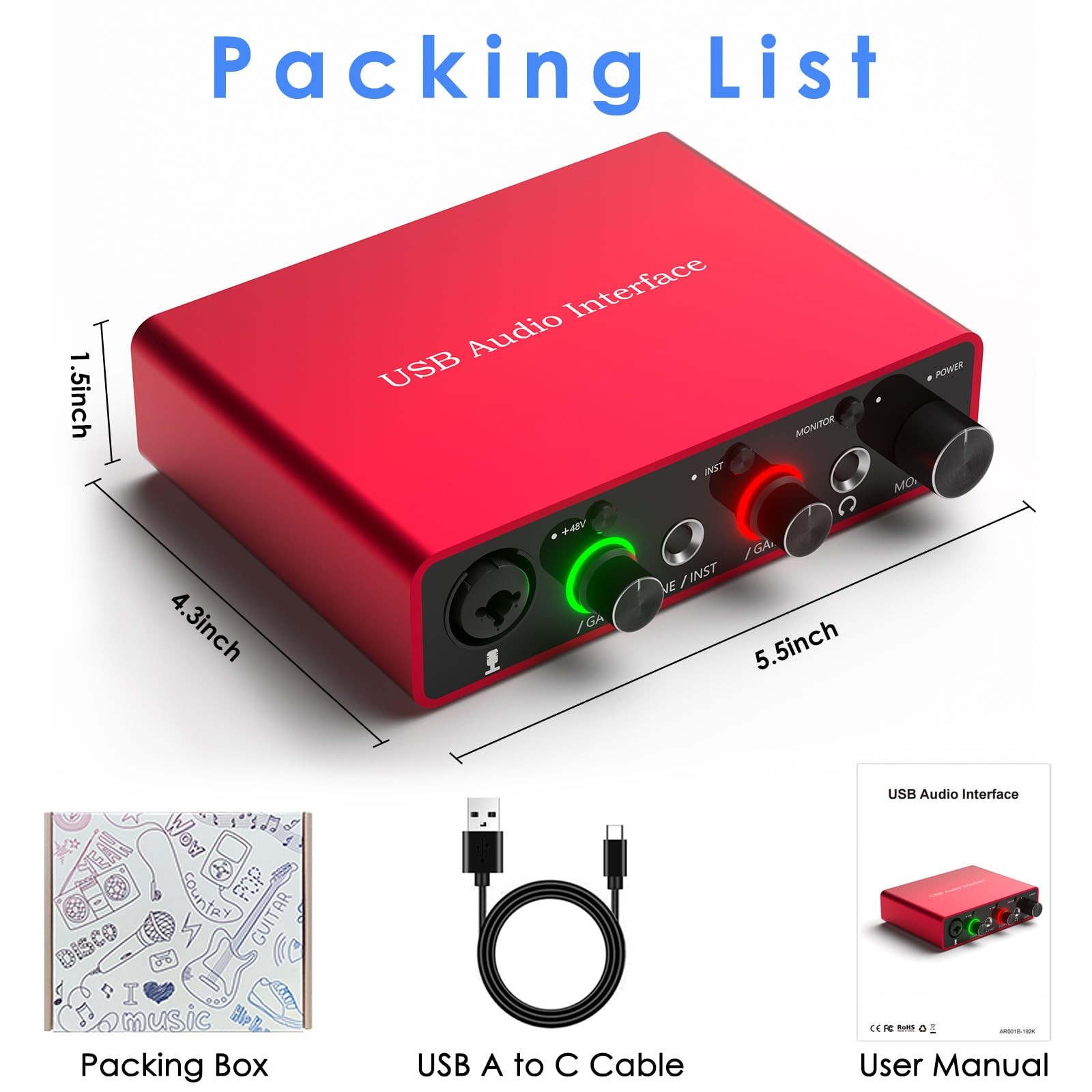 24Bit/192kHz USB Audio Interface with 48V Phantom Power - Studio Recording for M