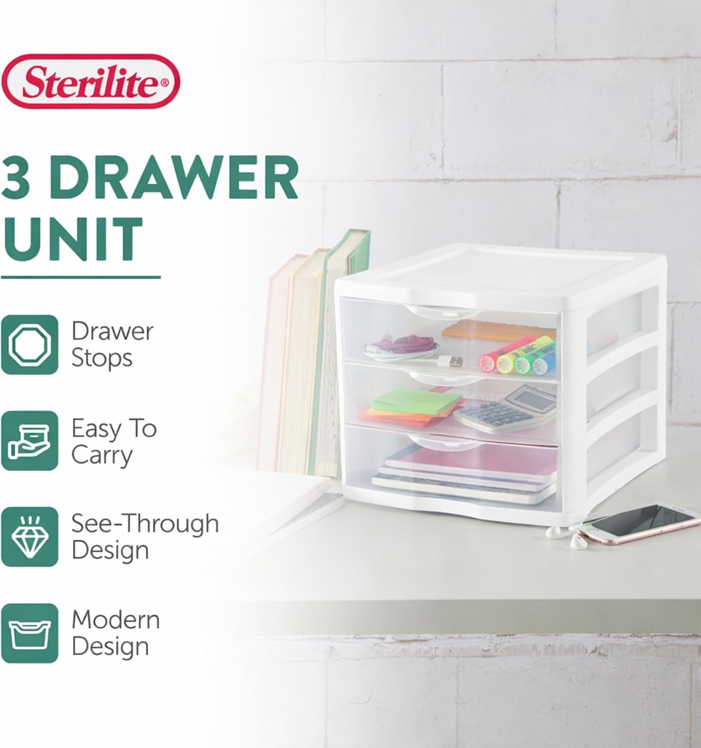 Sterilite Clearview Plastic Multipurpose Small 3 Drawer Desktop Storage Organiza