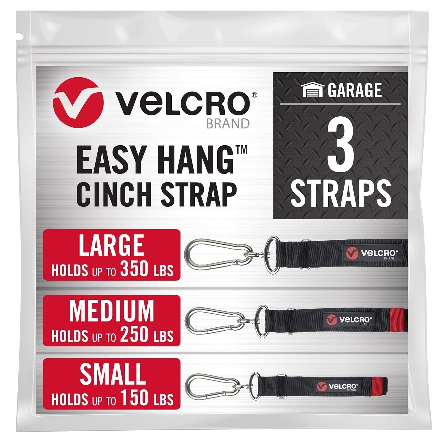 VELCRO Brand Easy Hang Cinch Straps for Garage Organization 3 Sizes S-M-L 1 Each