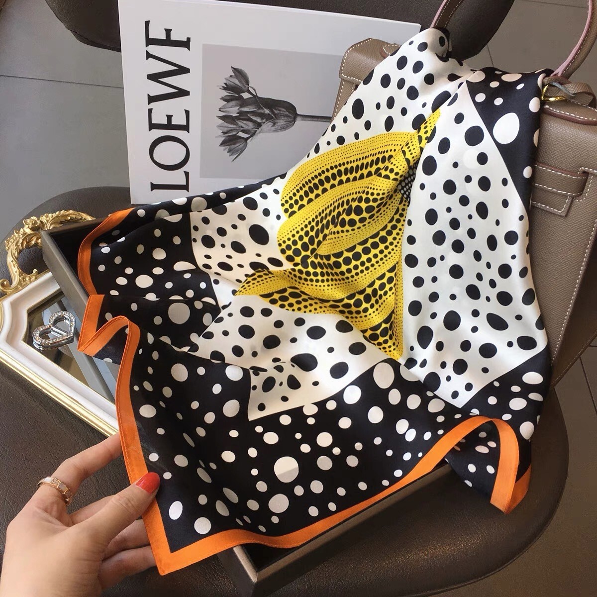 100% Silk Scarf Women Fashion Pumpkin Polka Dots Kerchief Square Bandana Wrap 68