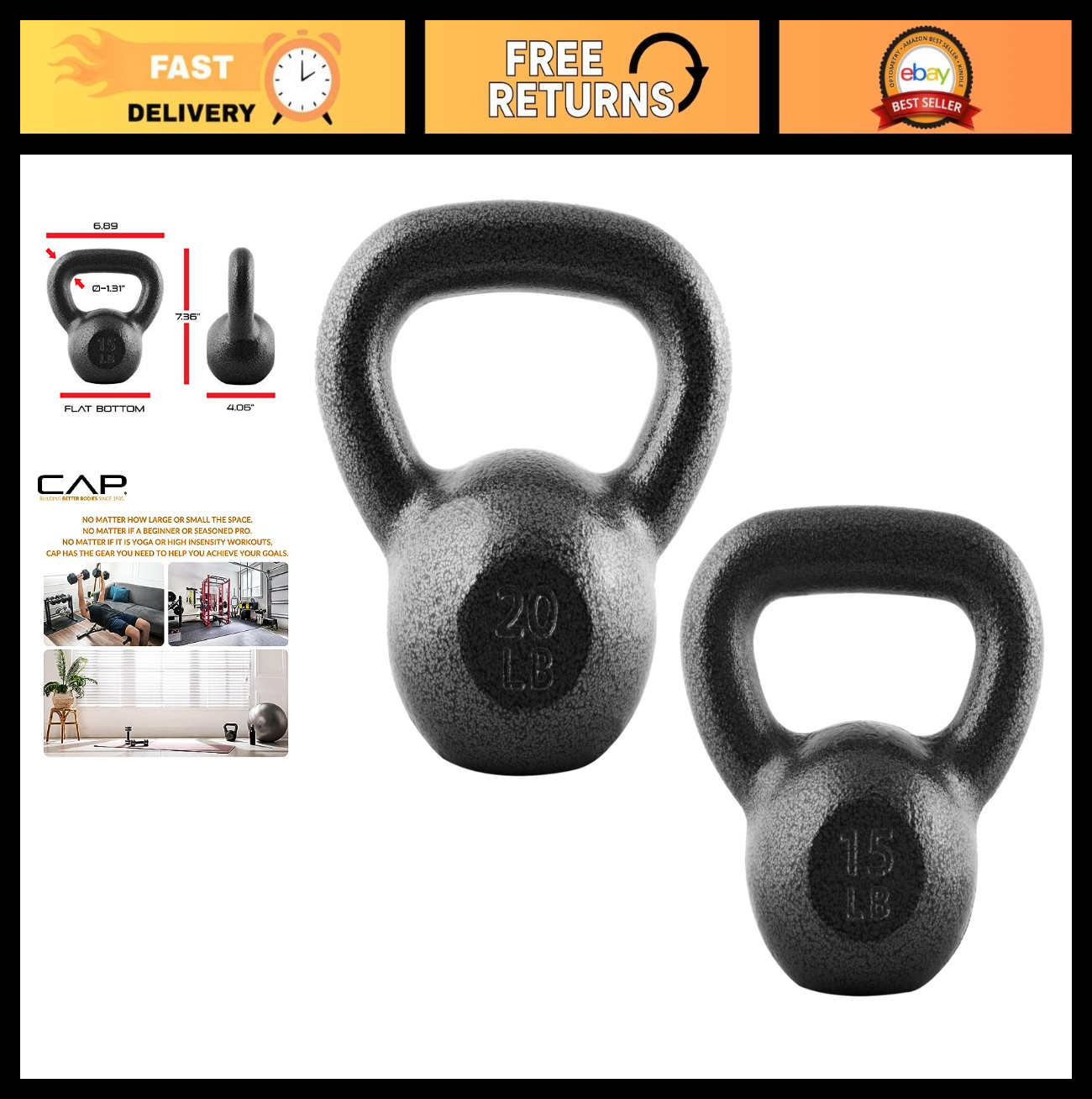 Cast Iron Kettlebell - Coated, Multiple Weight Options, Singles & Sets for Home