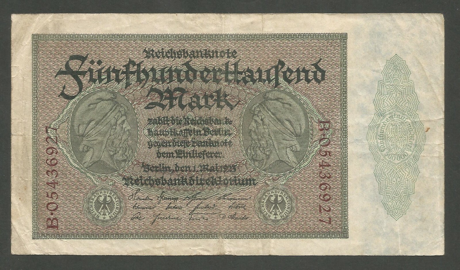 Germany 500000 Mark 1.5.1923; VF; P-88a; BNB-B247a; Bearded man