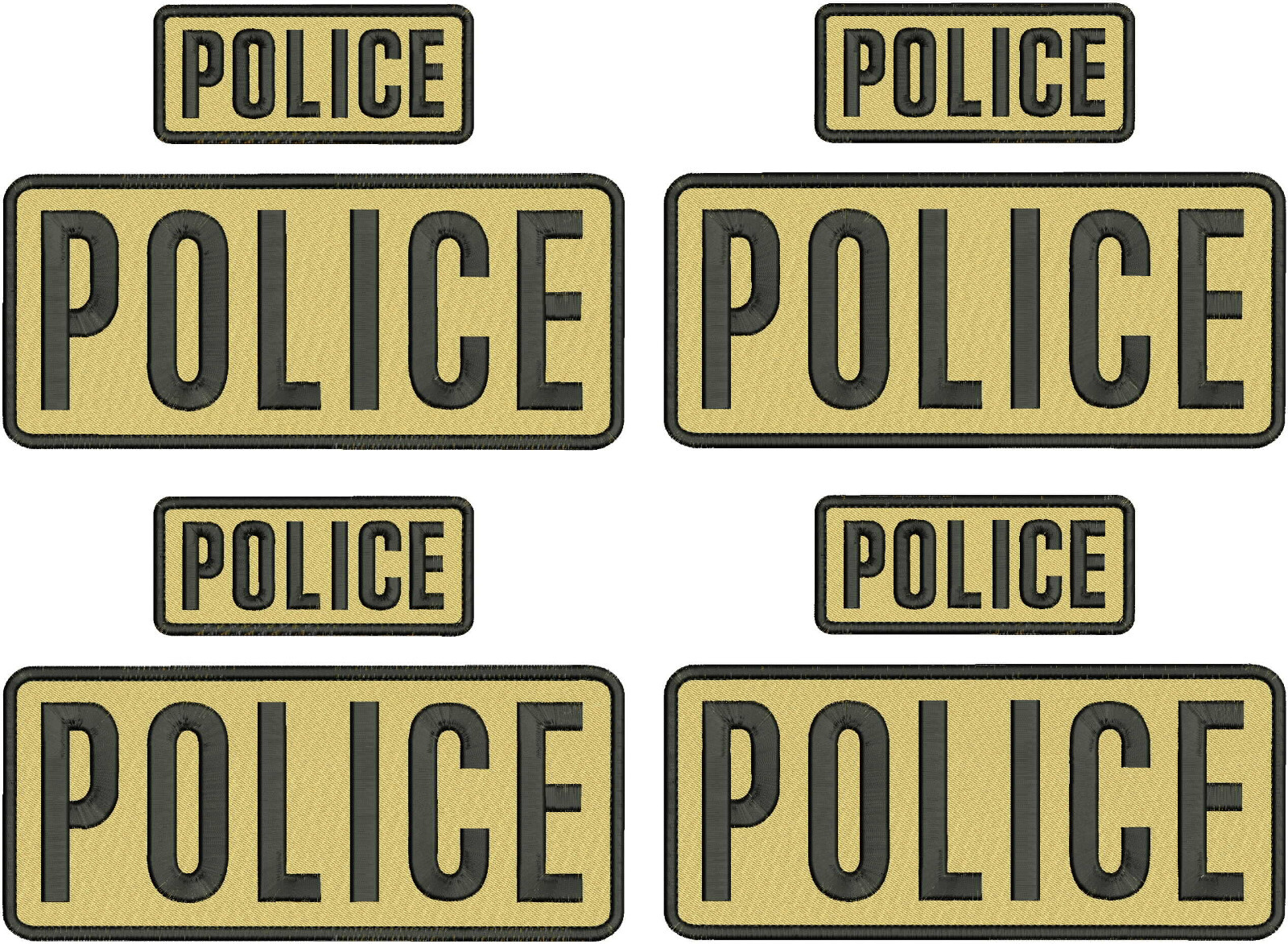 POLICE 8 EMBROIDERY PATCHES 3X9 AND 2X5 HOOK ON BACK  BLACK BLACK ON TAN