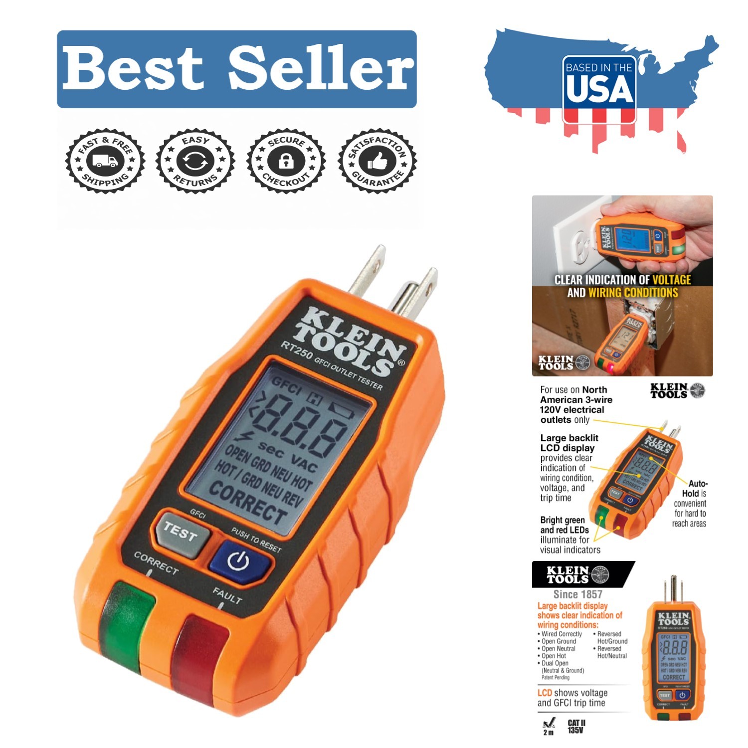Klein Tools GFCI Outlet Tester with LCD & Fault Detection - 120V Voltage Reader