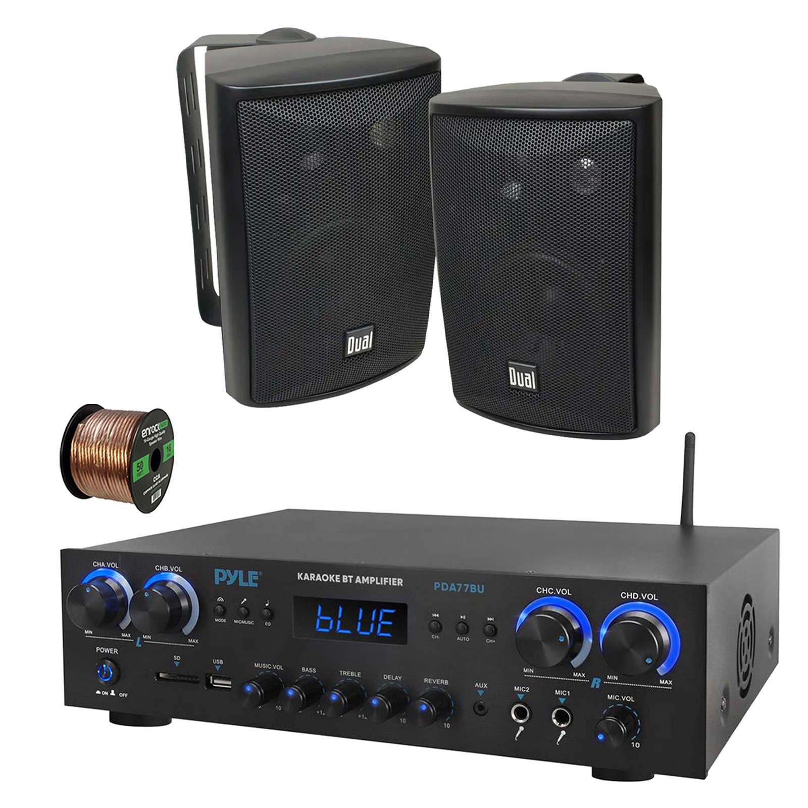 Pyle PDA77BU 4-Channel Home Audio Bluetooth Receiver, 2x 4" 200W Speakers, Wire