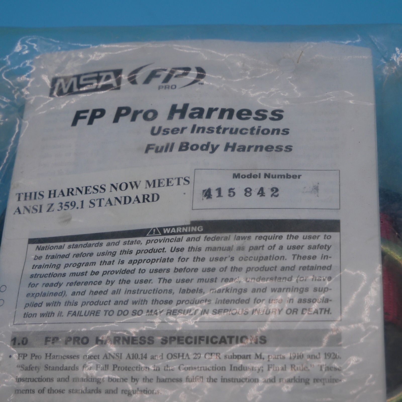 MSA FP PRO Safety Harness STD  415842 & MSA Onyx Shock Lanyard 6’ 310 lbs