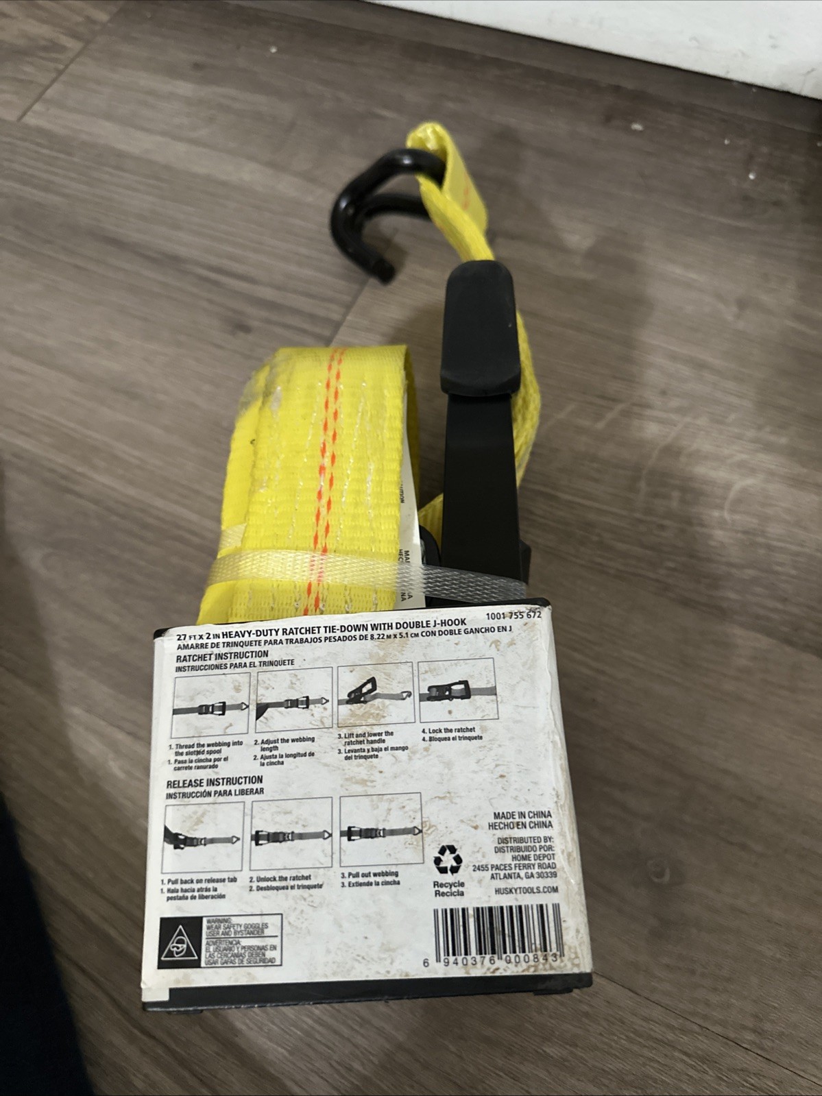 Husky 27 Ft. Heavy Duty Ratchet Tie-Down with Double J Hook 2" Diameter NEW 2