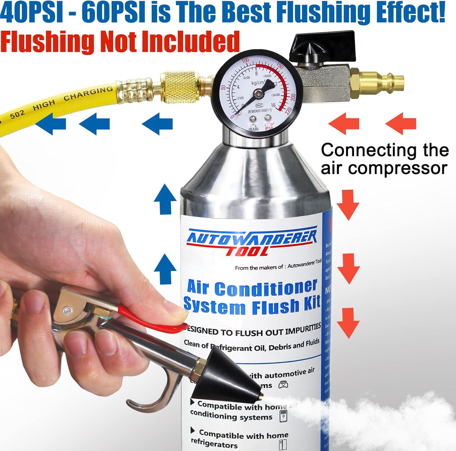 AC Flush Kit Air Conditioner System Flush Canister Gun Set for Clean A/C Line