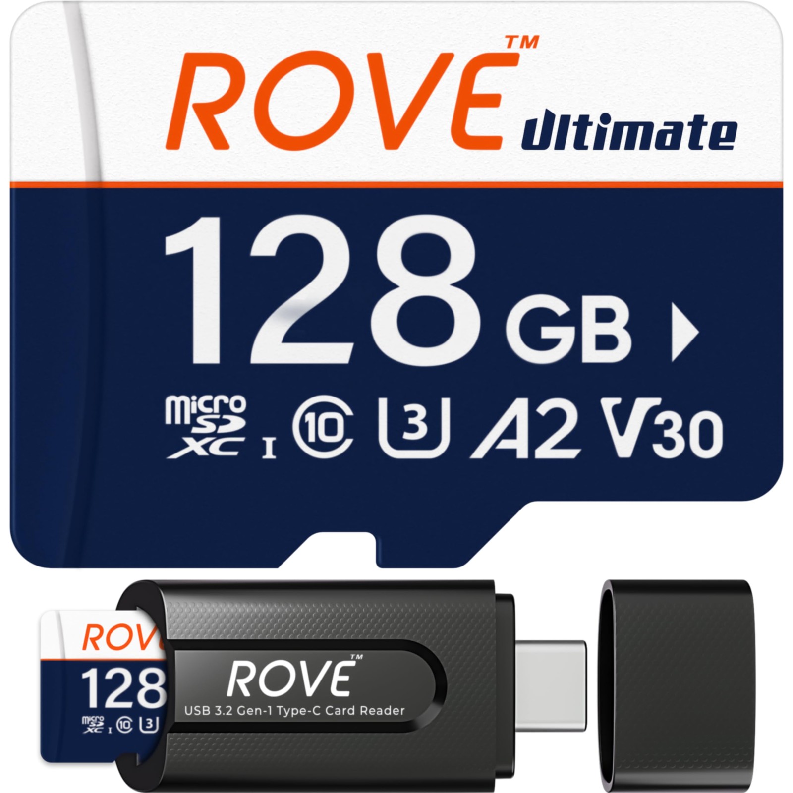 ROVE Ultimate Micro SD Card microSDXC 128GB Memory with USB 128GB, black