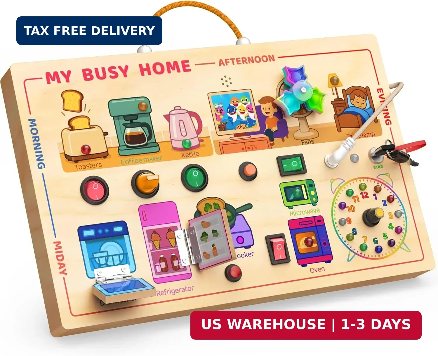 UdoUto My Busy Home Montessori Busy Board for Toddlers 1-3 - Wooden Sensory Acti