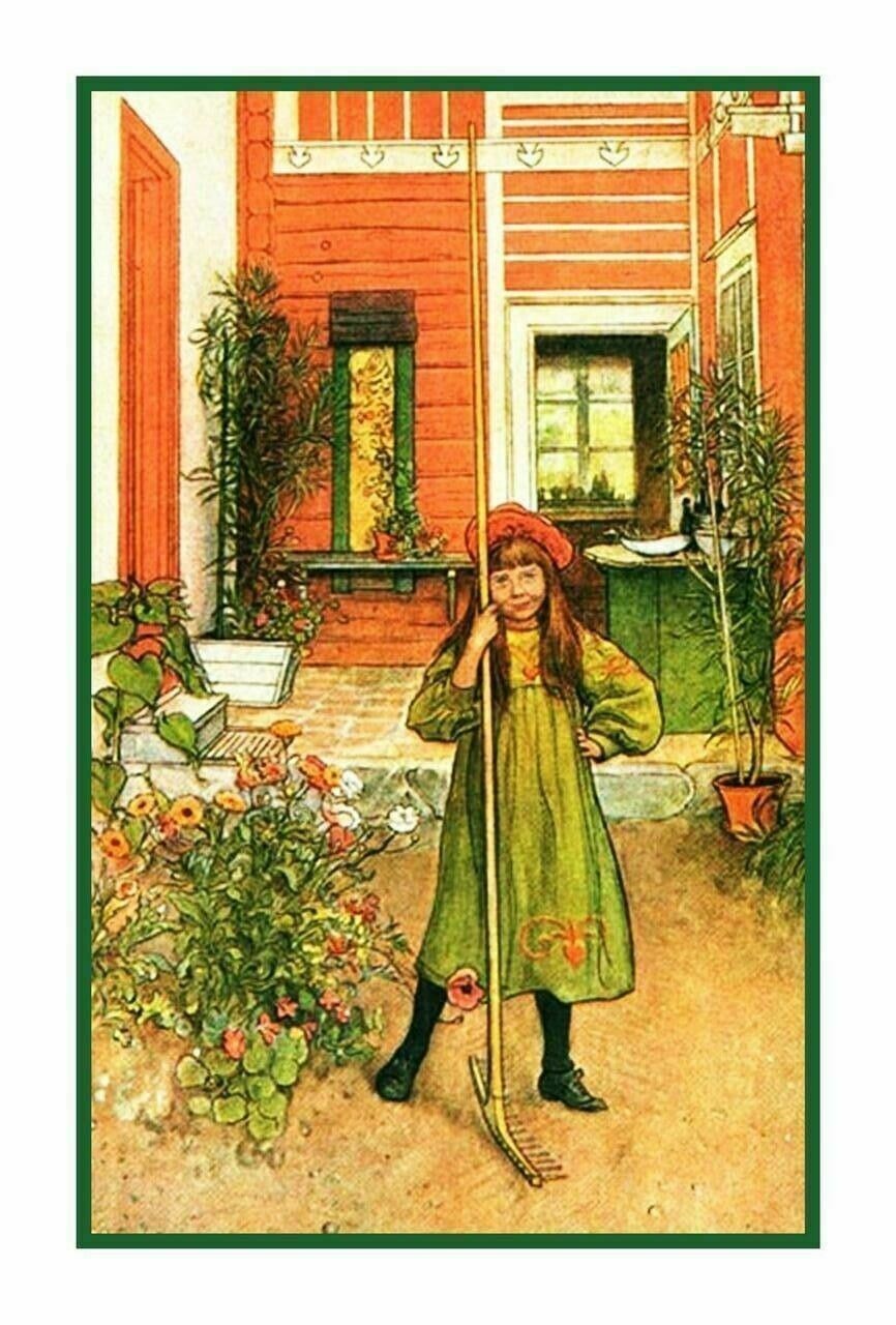 Scandinavian Carl Larsson Hilda Raking in Garden Counted Cross Stitch Pattern