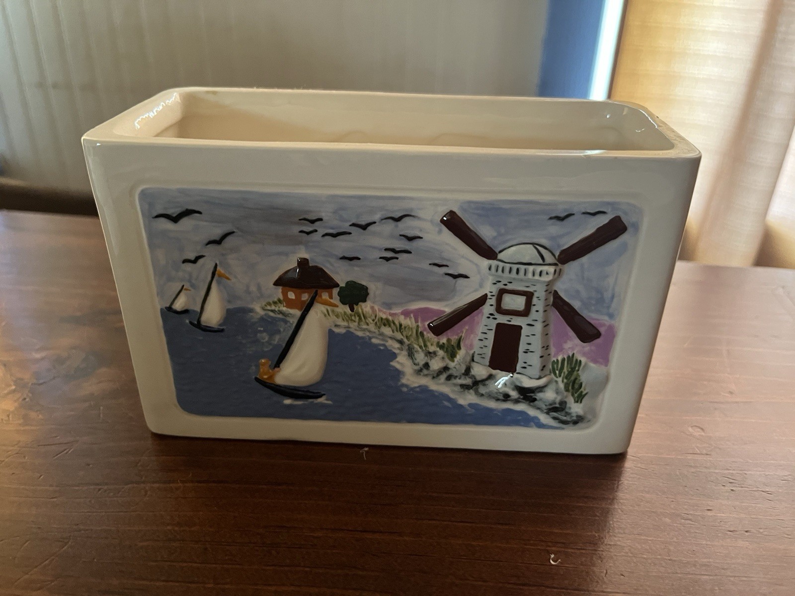 Vintage Holland Mold Rectangle Planter Windmills Sailboats Signed Coastal 1977