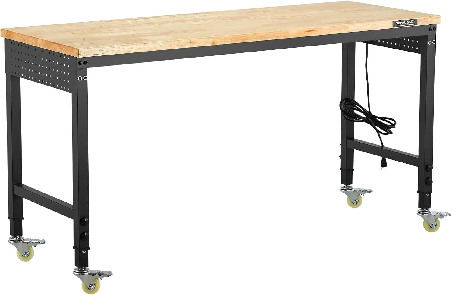 Adjustable Workbench, 60 Inch Work Bench with Power Outlet, Wheels, and Pegboard