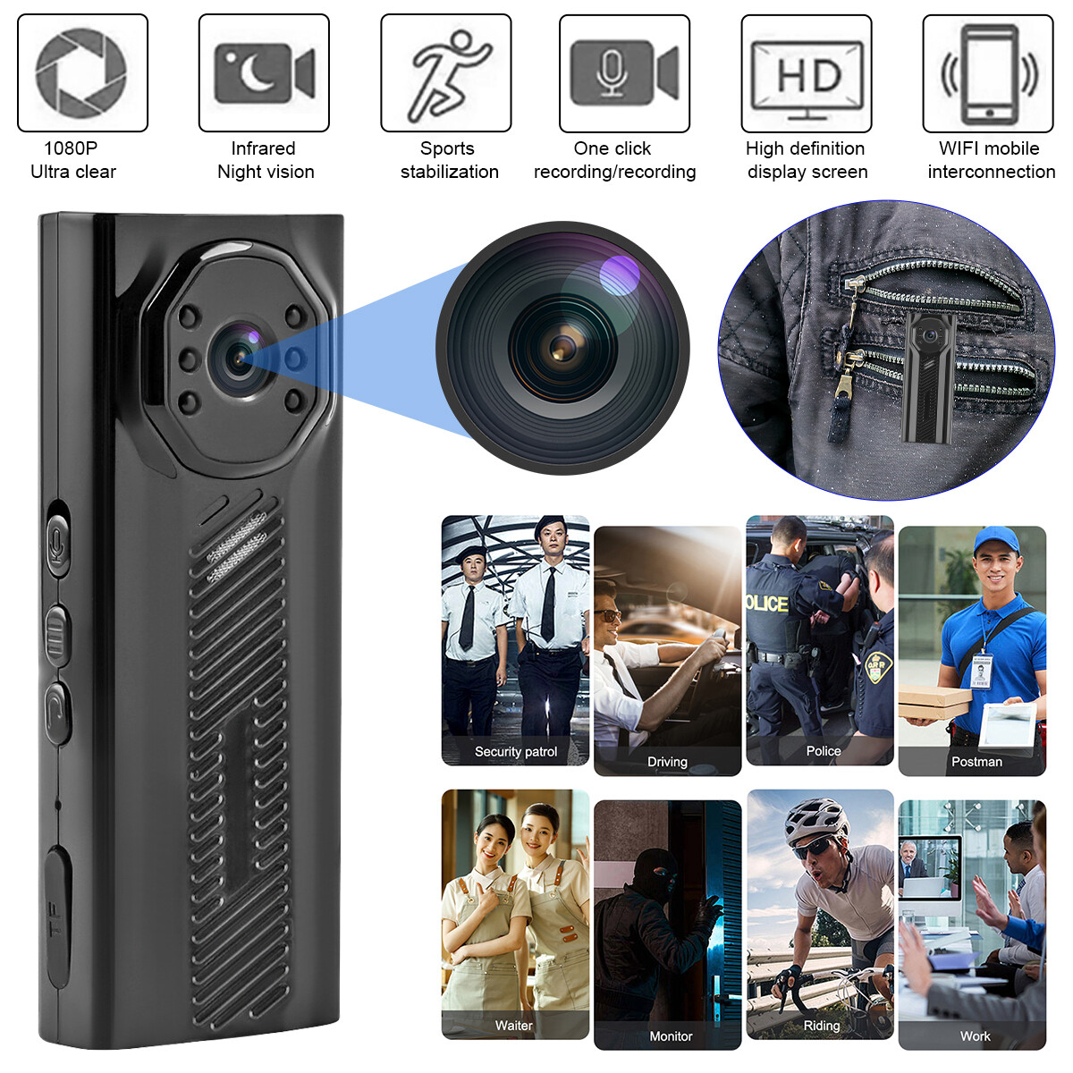 New 1080P WiFi Action Camera 2 Inch Screen Wearable Clip Cam Hands Free Recorder