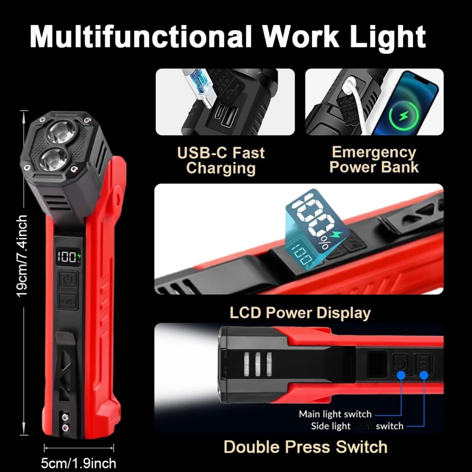 Rechargeable Magnetic LED Work Light 600LM Waterproof Flashlight Lamp Tool