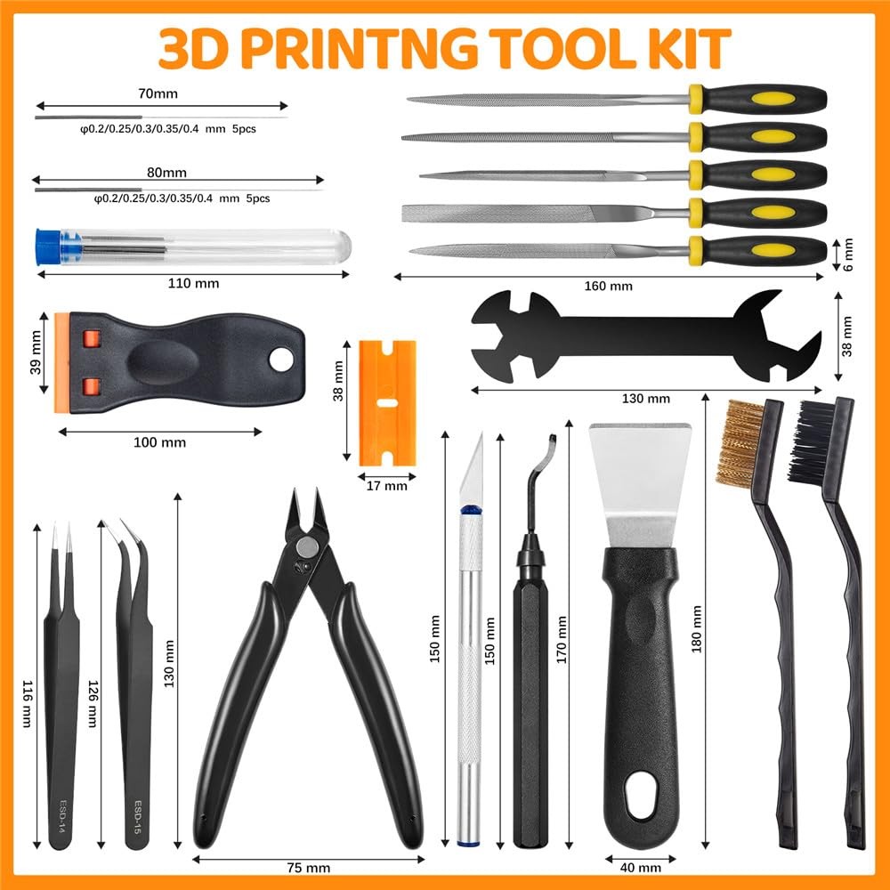 50pcs 3D Printer Tool Kit FDM SLA Nozzle Cleaning Scraper Deburring Files Case