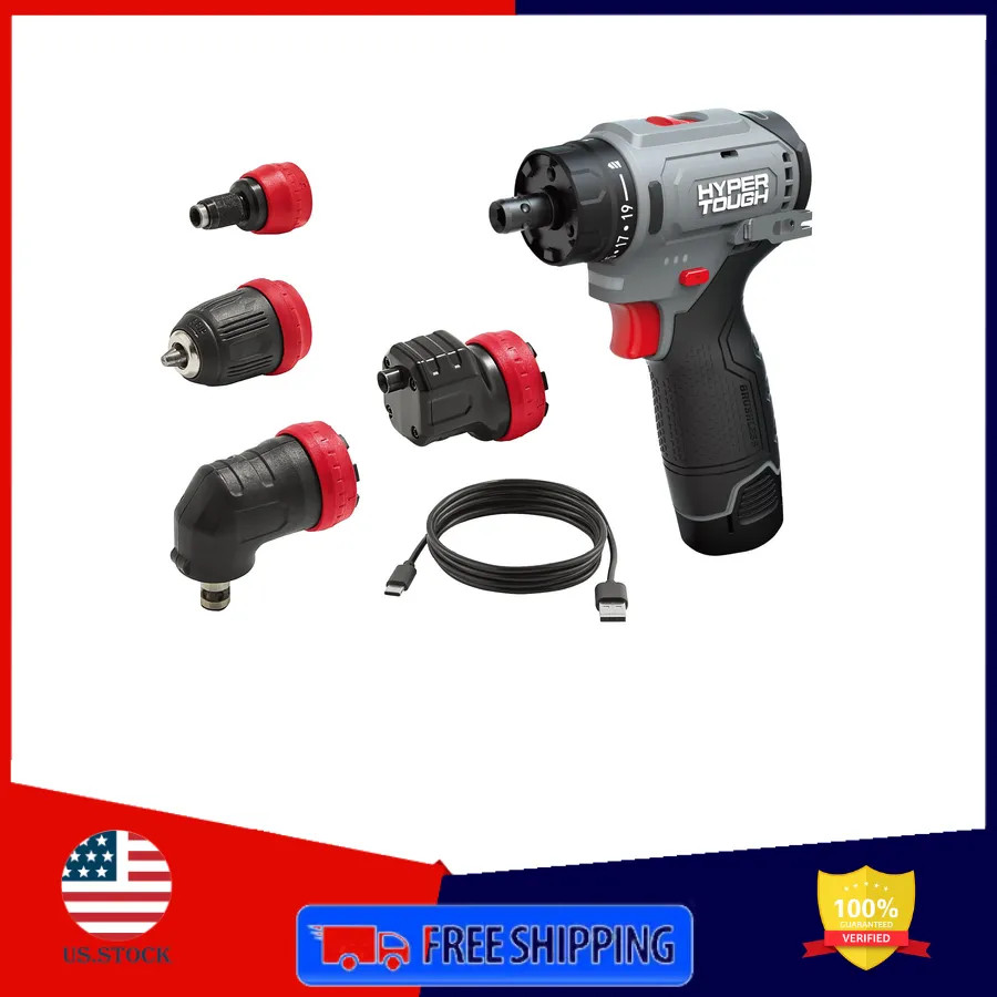 Hyper Tough 12V Max 4-in-1 Cordless Multi-Head Power Drill with Battery and C...