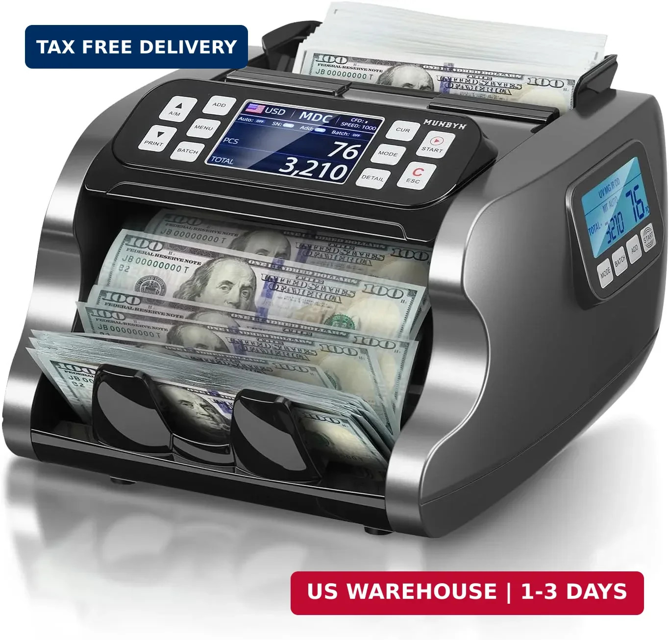 MUNBYN IMC22 Money Counter Machine Mixed Denomination, Dual-Display, CIS/UV/IR/M