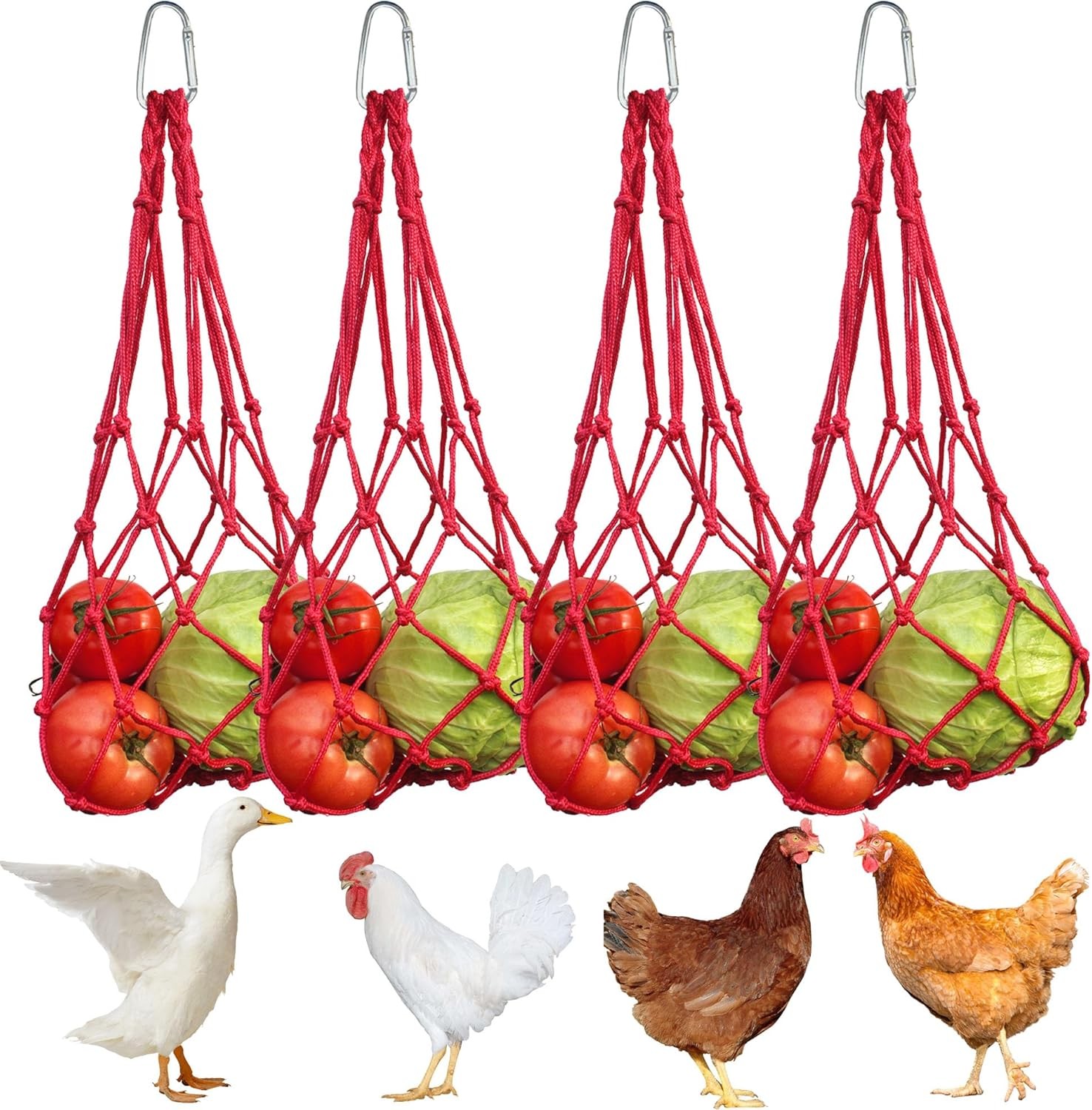 Chicken Vegetable Fruit Hanging Feeder 4Pcs Reusable String Bag W/ Hook Chicken