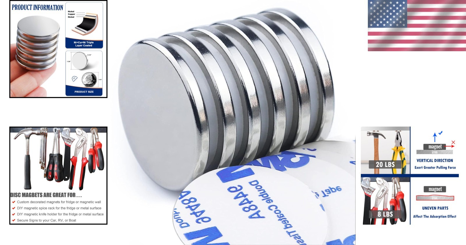 Powerful Neodymium Magnet Pack - Silver, 1.26 inch, 6 pcs