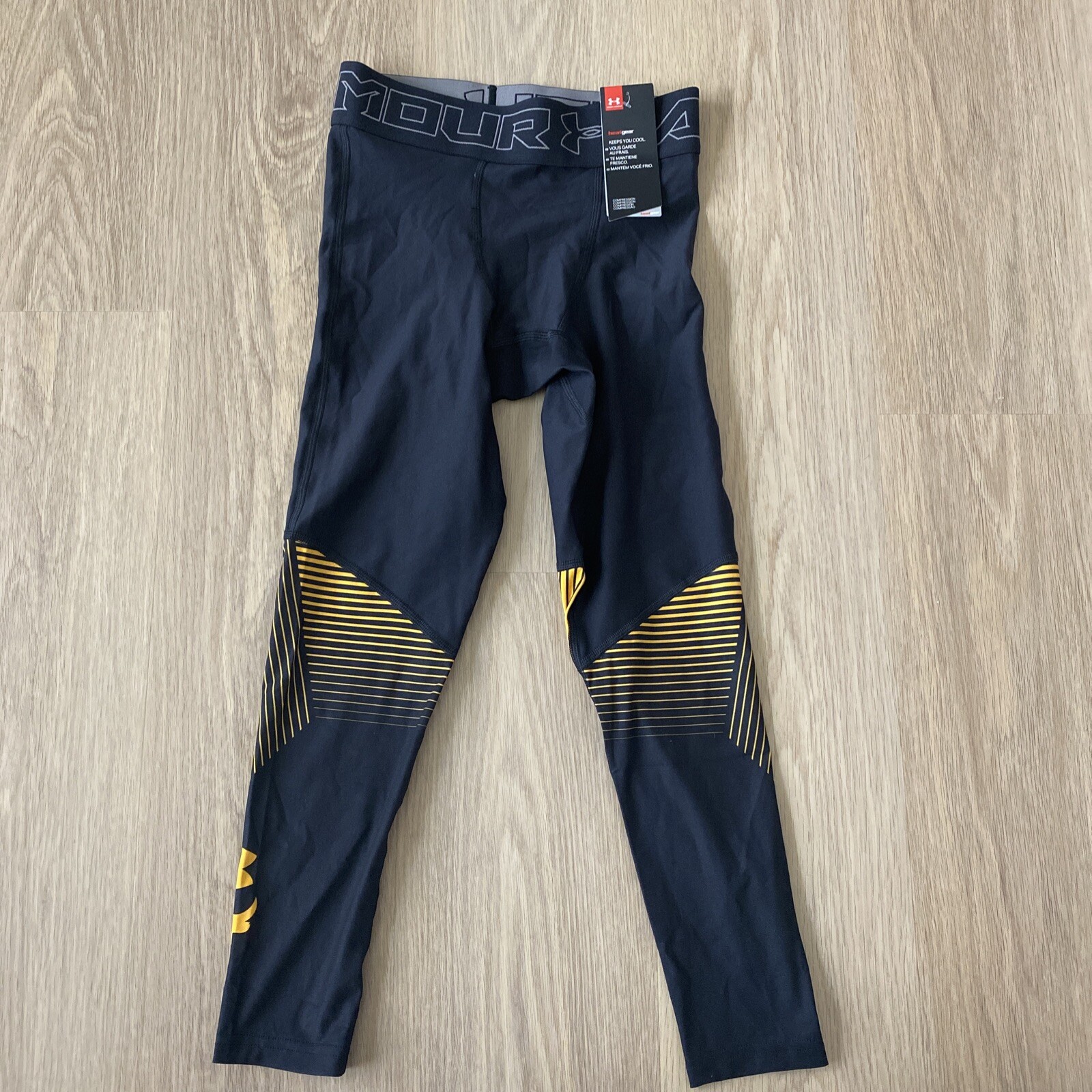 NWT UA PROJECT ROCK  3/4 Black Gold TIGHTS COMPRESSION. 1321411-001. Size Small