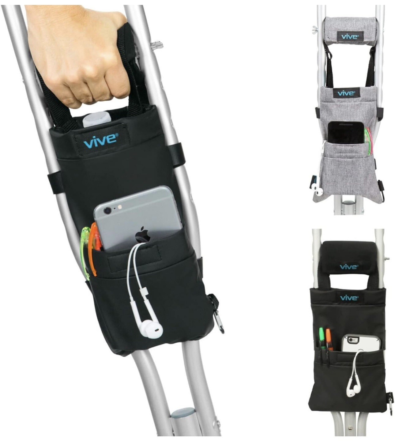 Vive Crutch Bag & Hand Grip Pads - Water-Resistant Pouch with Foam Padding
