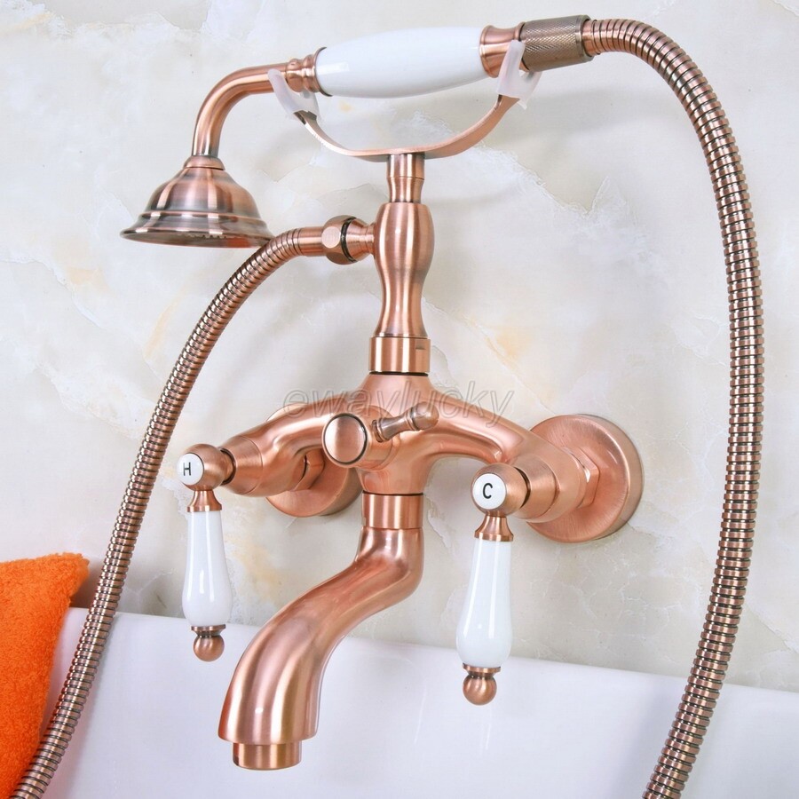 Antique Red Copper Clawfoot Bath Tub Mixer Tap Faucet w/ Handheld Shower wna311