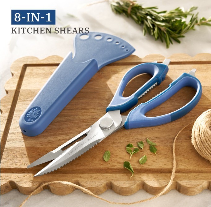 Pioneer Woman 8-in-1 Stainless Steel Serrated Chef Kitchen Shears, Blue