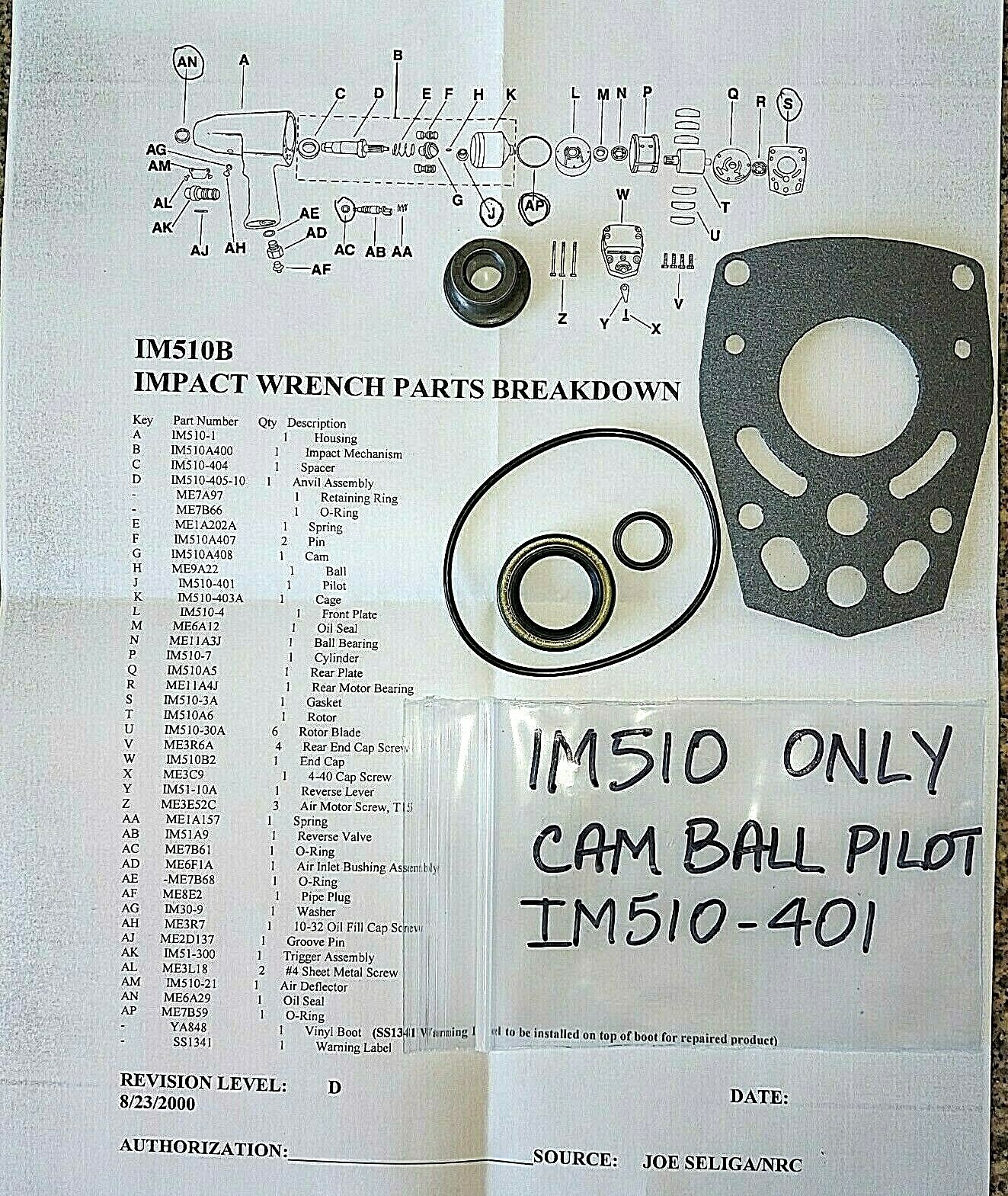 SNAP ON IM510 CAM PILOT IM510-401, IM510-3A GASKET, ANVIL OIL SEAL & O'RING KIT