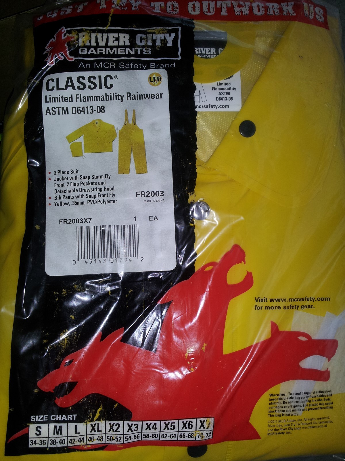 River City Yellow Classic Limited Flammability Rainwear ASTM D6413-08 Size X7