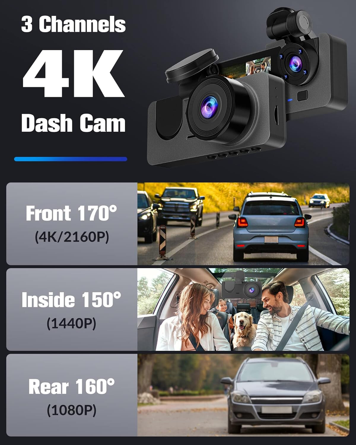 4K Dual Lens Car DVR Camera Dash Cam Front+Rear+Inside Video Recorder G-Sensor