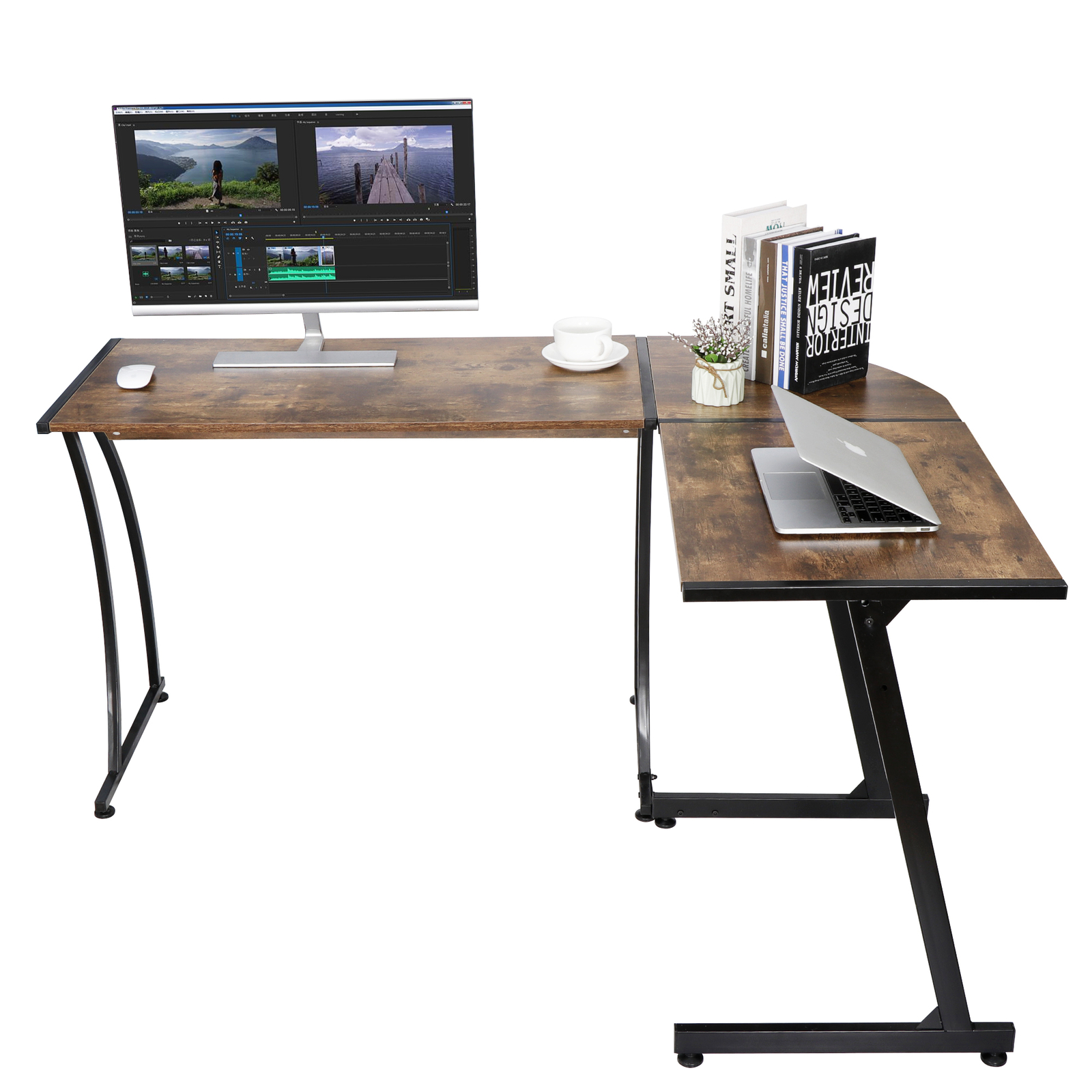 L Shaped Desk Corner Computer Gaming Laptop Table Workstation Brown Home Office