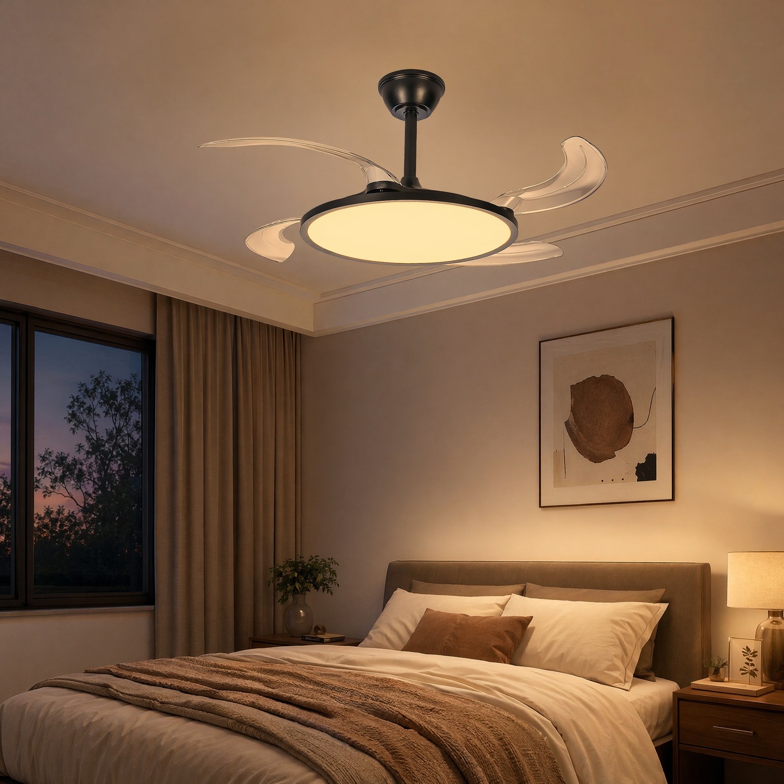 42 inch Black Low Profile Retractable LED Ceiling Fan Remote Control with Light