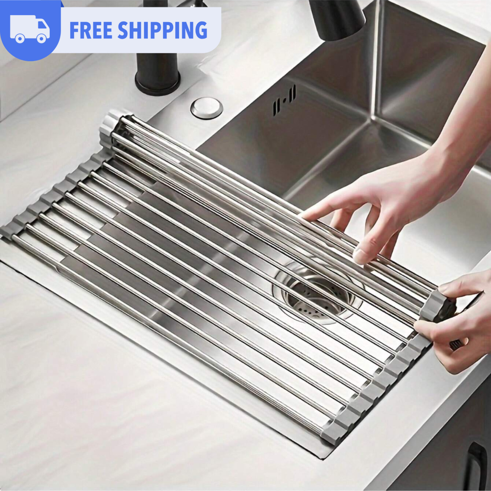 Stainless Steel Over the Sink Kitchen Dish Water Drain Rack Roll-Up Drying Rack