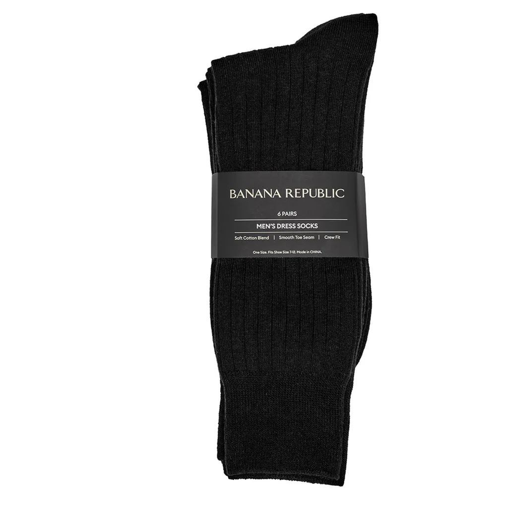 Banana Republic Men's Dress Sock 6 Pack Black Crew Fit Ribbed Cuff Size 7 to 12
