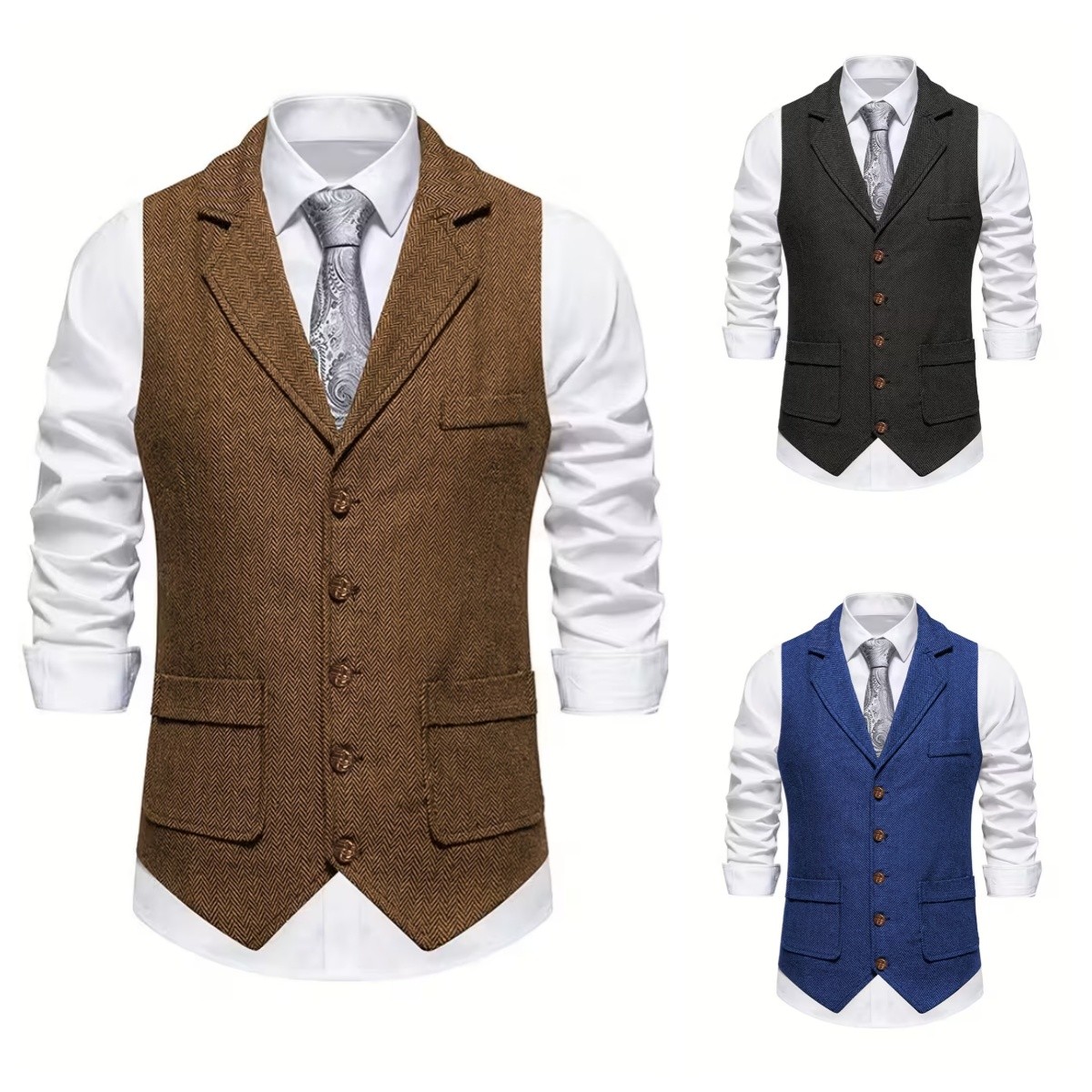 Vintage Mens Wool Blend Herringbone Waistcoat Vest Formal Western Wear