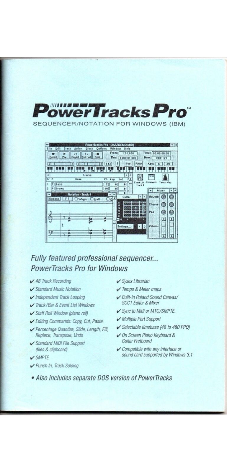 Manual for Powertracks Pro Sequencer Audio Recorder Windows 3.1, DOS