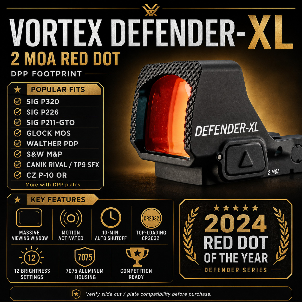Vortex Defender-XL 2 MOA Red Dot DPP Motion Activated DFXL-MRD2 New Large Window