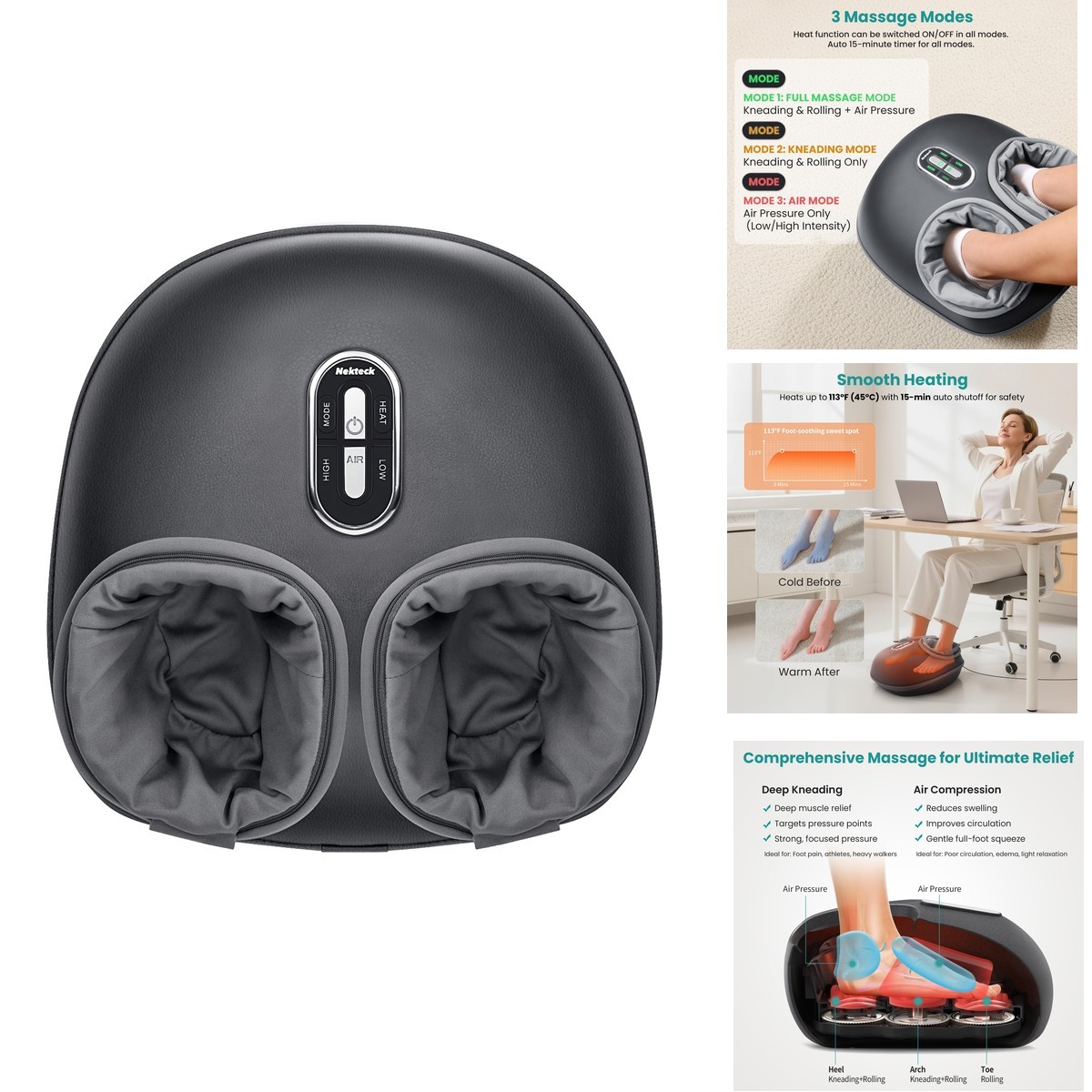 Nekteck Shiatsu Foot Massager Heat 2026 Upgraded 3 Modes Deep Kneading Air