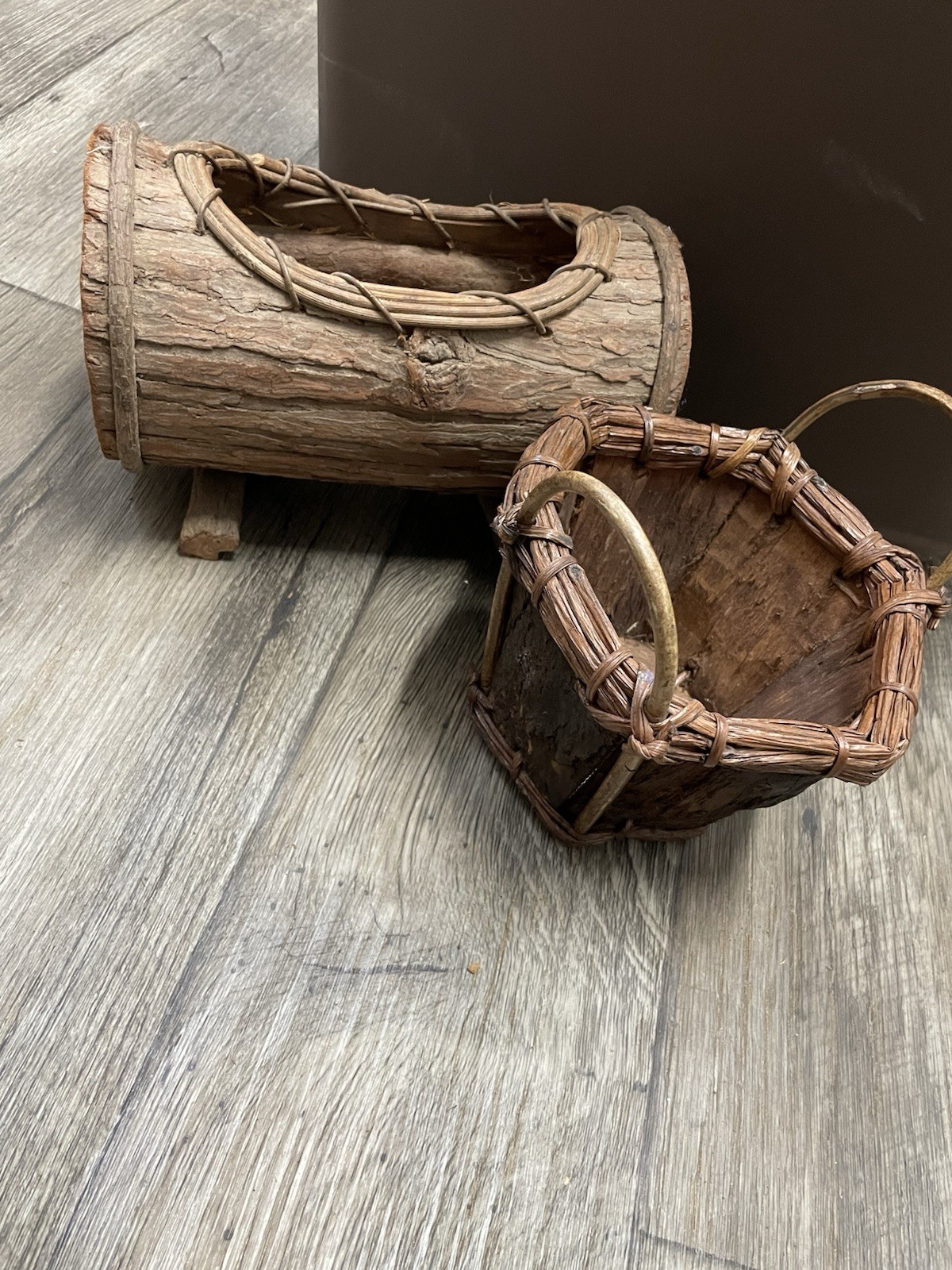 Handmade Baskets Rustic Lot Of 2 Tree Bark & Vine Brown 2 Sizes